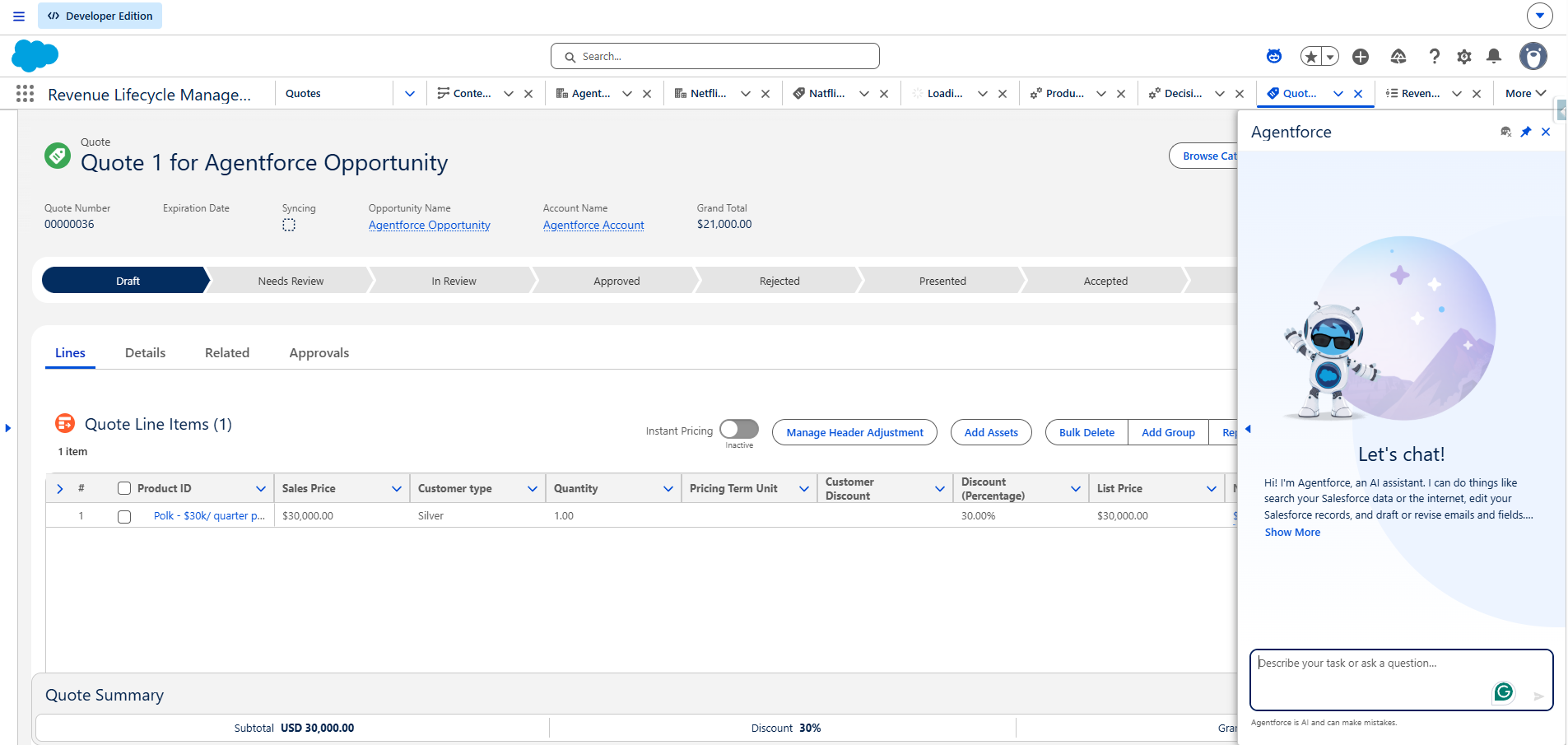 The SalesOpp Agent living inside the Agentforce panel in Salesforce.