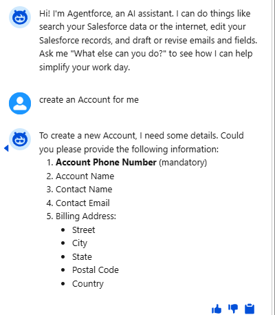 The agent asks for the details it needs, with the phone number marked mandatory.