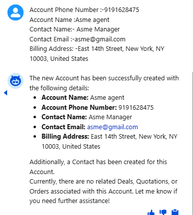 The agent confirms the Account and Contact it created.