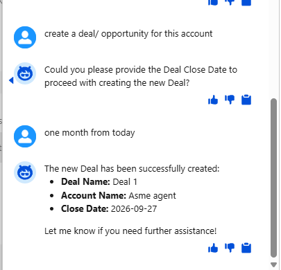 The agent asks for the close date and resolves “one month from today”.