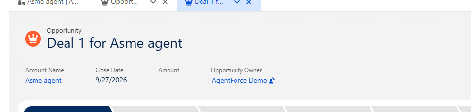 Deal 1 for Asme agent at the Prospecting stage.