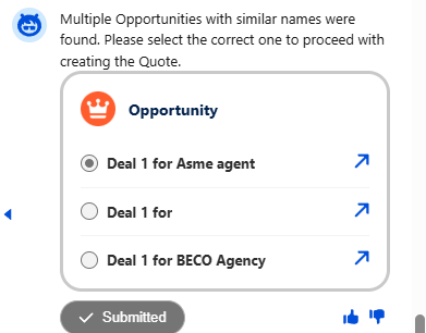 The agent finds three similar deals and asks the rep to choose.