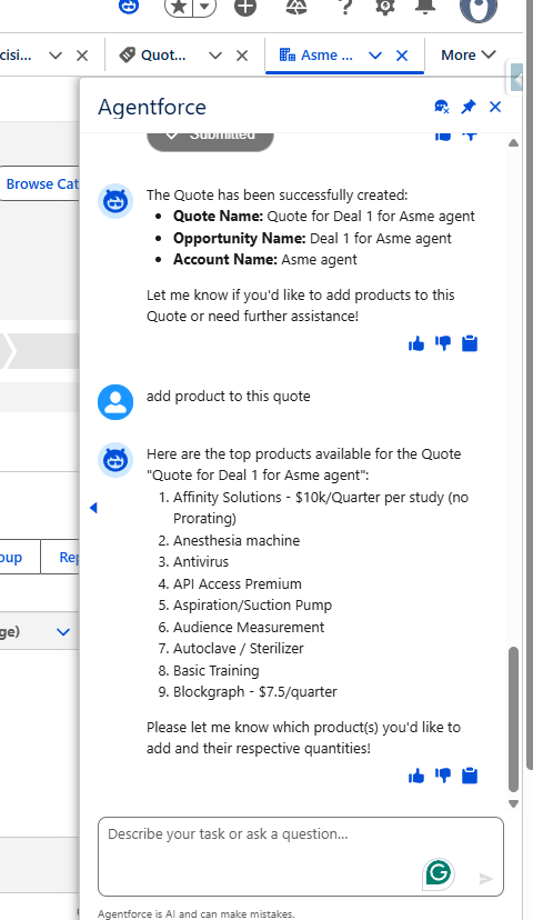 The agent lists the products from the catalogue.