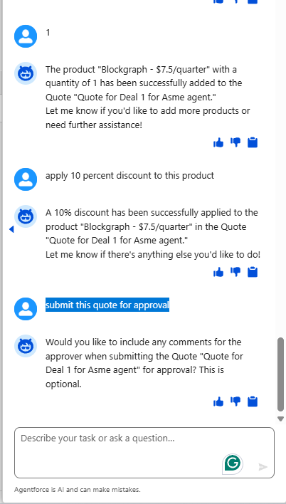 The agent offers optional comments for the approver.