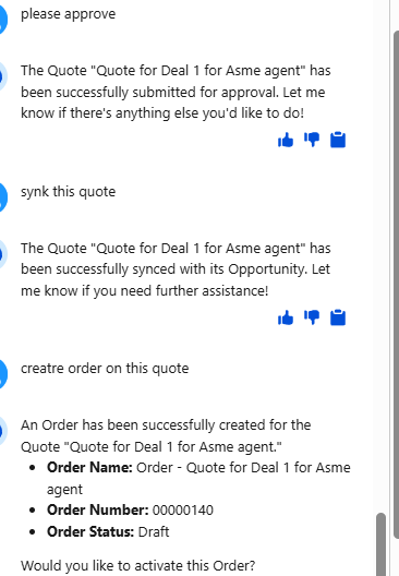 The agent reports the new Order and asks whether to activate it.