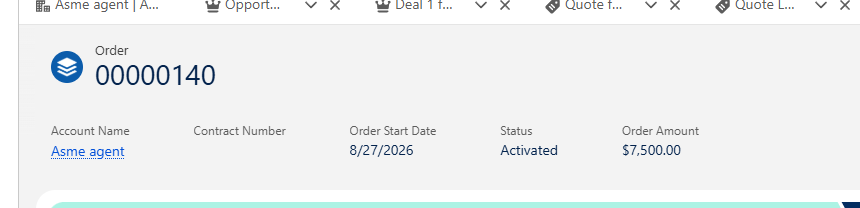 Order 00000140, status Activated, $7,500.00.